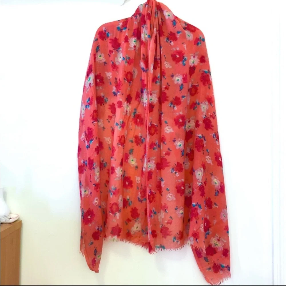 J.Crew Women’s Floral Pashmina Wool Laine Floral Scarf Wrap Shawl Red Orange
